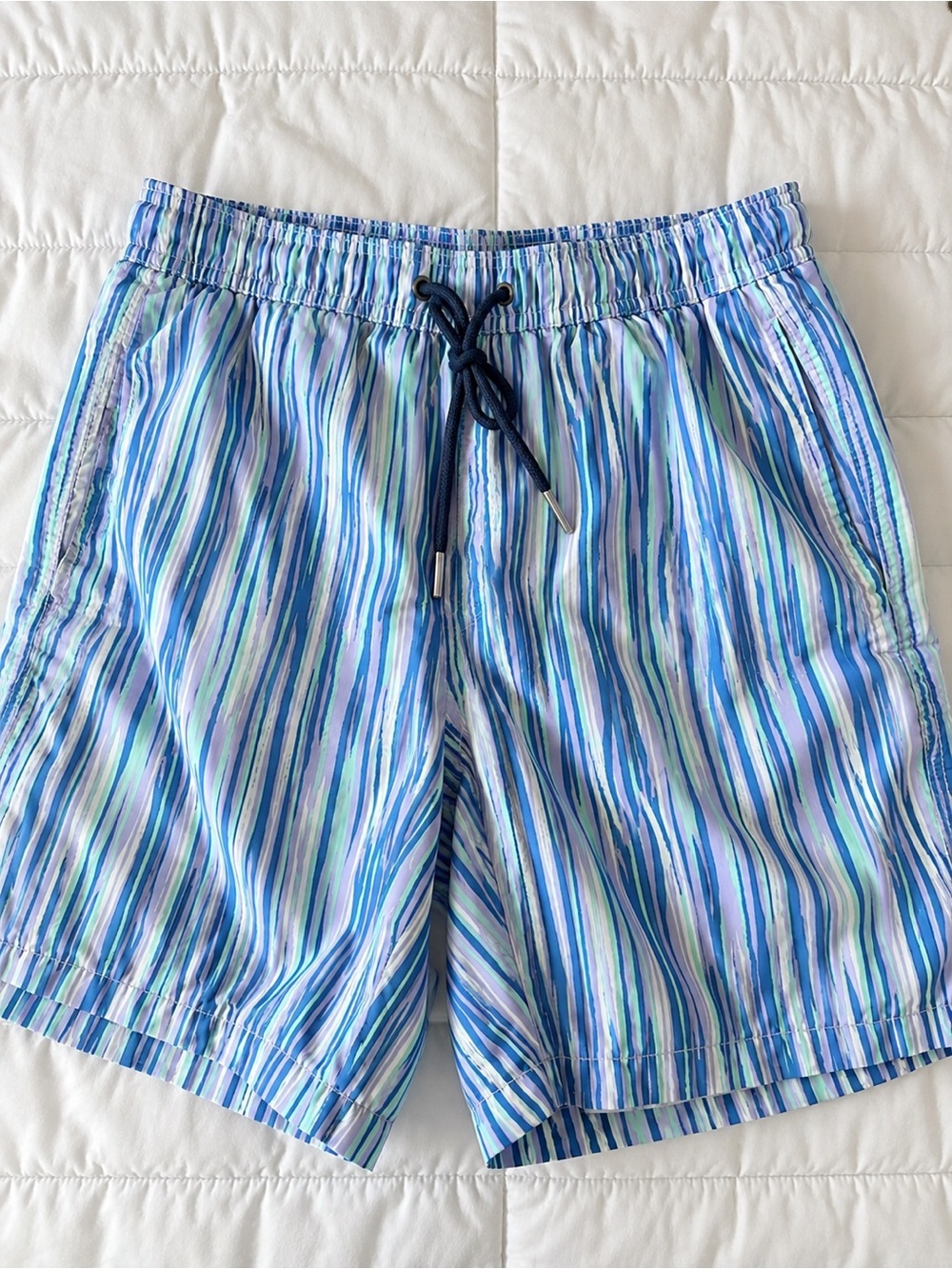 Men's Blue Multi-Striped Swim Trunks with Drawstring
